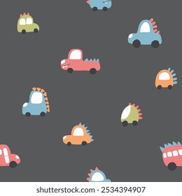 Lindo Dino Cars Patrón sin fisuras, fondo de dibujos animados infantil, Ilustración vectorial.