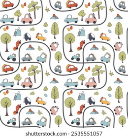 Cute Dino Cars Seamless Pattern, Childish Cartoon background, vector Illustration.