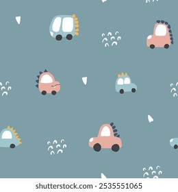 Cute Dino Cars Seamless Pattern, Childish Cartoon background, vector Illustration.