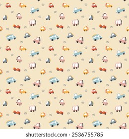Cute Dino Cars Seamless Pattern, Childish Cartoon background, vector Illustration.
