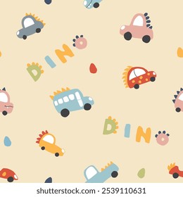 Bonito Dino Carros Padrão Sem Costura, Fundo de desenhos animados infantil, ilustração vetorial.