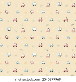 Cute Dino Cars Seamless Pattern, Childish Cartoon background, vector Illustration.