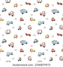 Cute Dino Cars Seamless Pattern, Childish Cartoon background, vector Illustration.