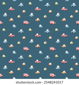 Cute Dino Cars Seamless Pattern, Childish Cartoon background, vector Illustration.