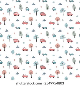 Cute Dino Cars Seamless Pattern, Childish Cartoon background, vector Illustration.