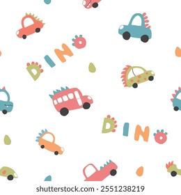 Cute Dino Cars Seamless Pattern, Childish Cartoon background, vector Illustration.