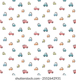 Cute Dino Cars Seamless Pattern, Childish Cartoon background, vector Illustration.