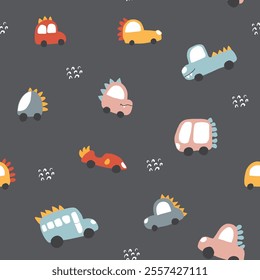Cute Dino Cars Seamless Pattern, Childish Cartoon background, vector Illustration.