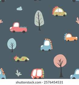 Cute Dino Cars Seamless Pattern, Childish Cartoon background, vector Illustration.