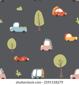Cute Dino Cars Seamless Pattern, Childish Cartoon background, vector Illustration.