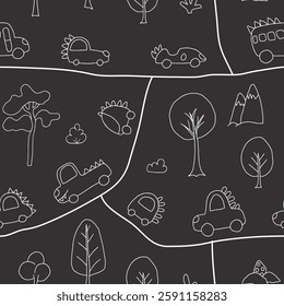 Cute Dino Cars Seamless Pattern, Childish Cartoon background, vector Illustration.