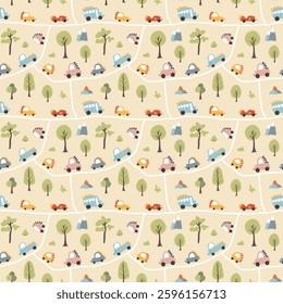 Cute Dino Cars Seamless Pattern, Childish Cartoon background, vector Illustration.