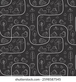 Cute Dino Cars Seamless Pattern, Childish Cartoon background, vector Illustration.