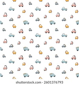 Cute Dino Cars Seamless Pattern, Childish Cartoon background, vector Illustration.