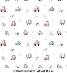 Cute Dino Cars Seamless Pattern, Childish Cartoon background, vector Illustration.