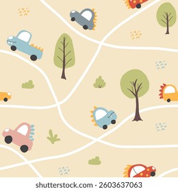 Cute Dino Cars Seamless Pattern, Childish Cartoon background, vector Illustration.