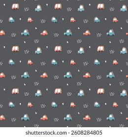 Cute Dino Cars Seamless Pattern, Childish Cartoon background, vector Illustration.