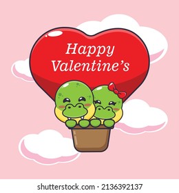 cute dino cartoon character fly with air balloon in valentines day