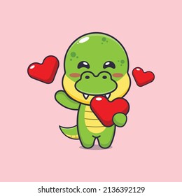 cute dino cartoon character holding love heart in valentines day