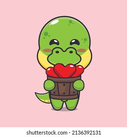 cute dino cartoon character holding love in wood bucket