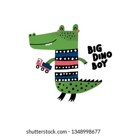 Cute dino. Cartoon creative crocodile vector illustration in scandinavian style. Vector Illustration. Can be used print print for t-shirts, home decor, posters, cards.