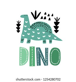 Cute dino. Cartoon creative dinosaur vector illustration in scandinavian style. Vector Illustration. Can be used print print for t-shirts, home decor, posters, cards.