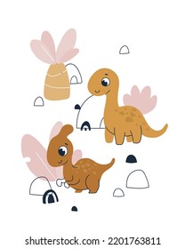 Cute dino. Cartoon dinosaur. Vector Print for kids room decoration, fabric, paper, card, t shirt, poster, textile. Vector illustration