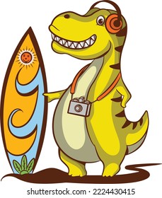 cute Dino cartoon illustration design vacationing on the beach holding a surfboard carrying a camera and wearing a headset