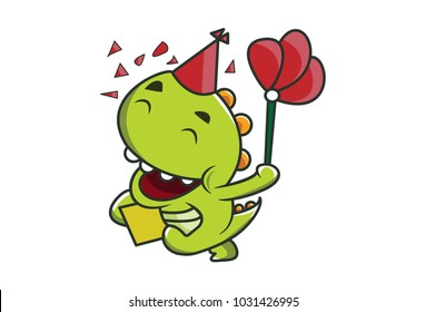 Cute Dino Character with balloons and  a party cap. Vector Illustration. Isolated on white background.