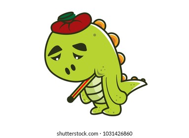 Cute Dino Character Sick. Vector Illustration. Isolated on white background.
