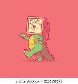 Cute Dino character with a tv set on head vector illustration. Mascot, funny, imagination design concept.