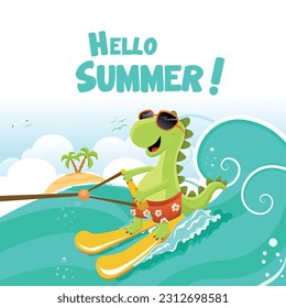 Cute Dino Character Waterskiing With Joy