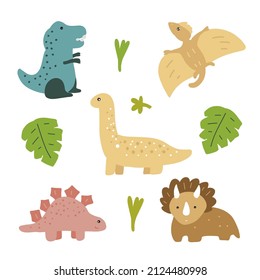 Cute dino characters set. Jurassic cartoon dinosaurs vector illustration. Brontosaurus, tyrannosaurus, t rex, stegosaurus, pterodactyl, diplodocus