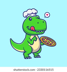 Cute Dino Chef Cooking Pizza Cartoon Vector Icon Illustration. Animal Food Icon Concept Isolated Premium Vector. Flat Cartoon Style