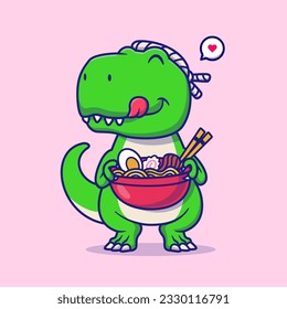 Cute Dino Chef Cooking Ramen Noodle Cartoon Vector Icon Illustration. Animal Food Icon Concept Isolated Premium Vector. Flat Cartoon Style