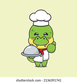 cute dino chef mascot cartoon character with dish