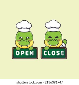 cute dino chef mascot cartoon character with open and close board