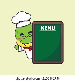 cute dino chef mascot cartoon character with menu board