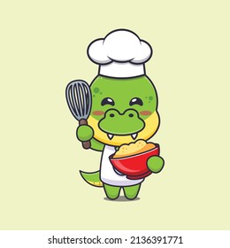 cute dino chef mascot cartoon character with cake dough