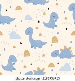 Cute dino. Childish pattern for fabric, wrapping, clothing, textile, wallpaper, pajamas, kids apparel, beddings. Vector