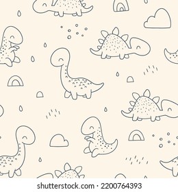 Cute dino. Childish pattern for fabric, wrapping, clothing, textile, wallpaper, pajamas, kids apparel, beddings. Vector