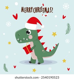 Cute dino. Christmas greeting card