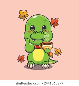 Cute dino with coffee in autumn season. Mascot cartoon vector illustration suitable for poster, brochure, web, mascot, sticker, logo and icon.