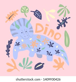Cute dino color vector character. Dino flat handdrawn clipart. Prehistoric animal. Sketch Triceratops with lettering. Isolated cartoon illustration for kids game, book, t-shirt