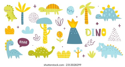 Cute dino colorful set. Naive dinosaurs collection for baby boys. Abstract vector dino bundle.