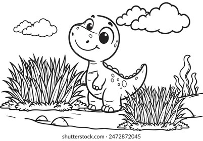 Lindo Dino Coloring Book Illustration: Adorables dinosaurios en poses lúdicas, perfectos para la creatividad de los niños y el aprendizaje divertido. Ideal para actividades de coloreado imprimibles