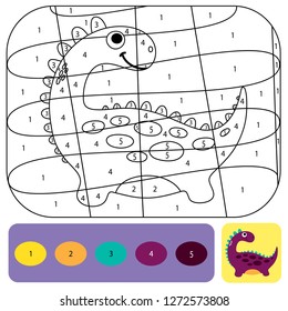 Cute dino coloring page for kids. Printable design coloring book. Coloring puzzle with numbers of color. Black and white draw with color example.