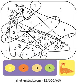 Cute dino coloring page for kids. Printable design coloring book. Coloring puzzle with numbers of color. Black and white draw with color example.