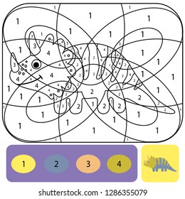 Cute dino coloring page for kids. Printable design coloring book. Coloring puzzle with numbers of color. Black and white draw with color example.
