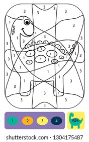 Cute dino coloring page for kids. Printable design coloring book. Coloring puzzle with numbers of color. Black and white draw with color example.